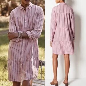 J Jill Love Linen Shirt Dress Button Front Long Sleeve Pink Stripe Womens Small